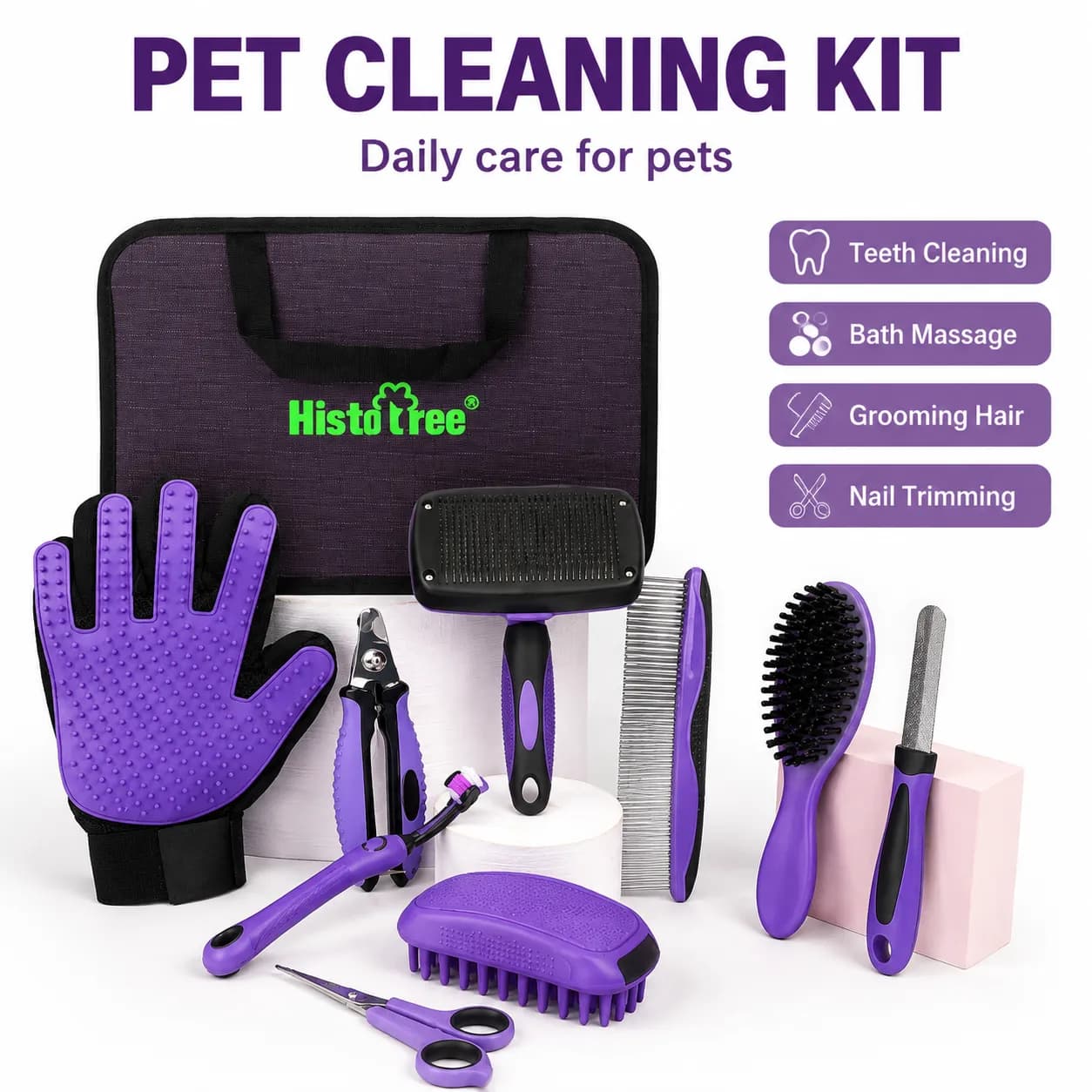 Pet Grooming & Cleaning Kit 9 Piece Set with Shedding Brush, Steel Comb + Scissors, Nail Clippers + File, Bath Brush + Massage Glove, 3 Head Toothbrush and Storage Bag for Dog & Cat, photo 1 of 7