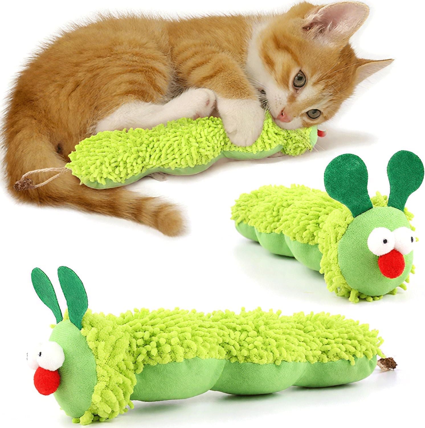 Petluno Cat Catnip Toy for Indoor Cats, Chew Teeth Cleaning, Bite-Resistant Plush Caterpillar Design, Dental Health Benefits, Green, photo 1 of 8
