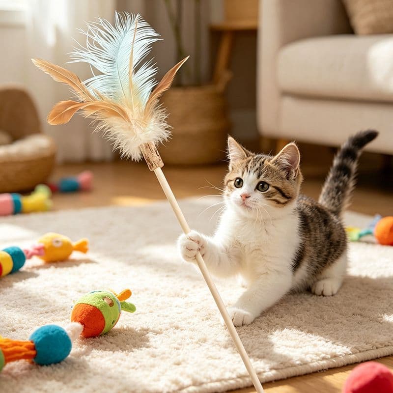 Shengyu Wooden Cat Teaser Wand with Feather and Bell