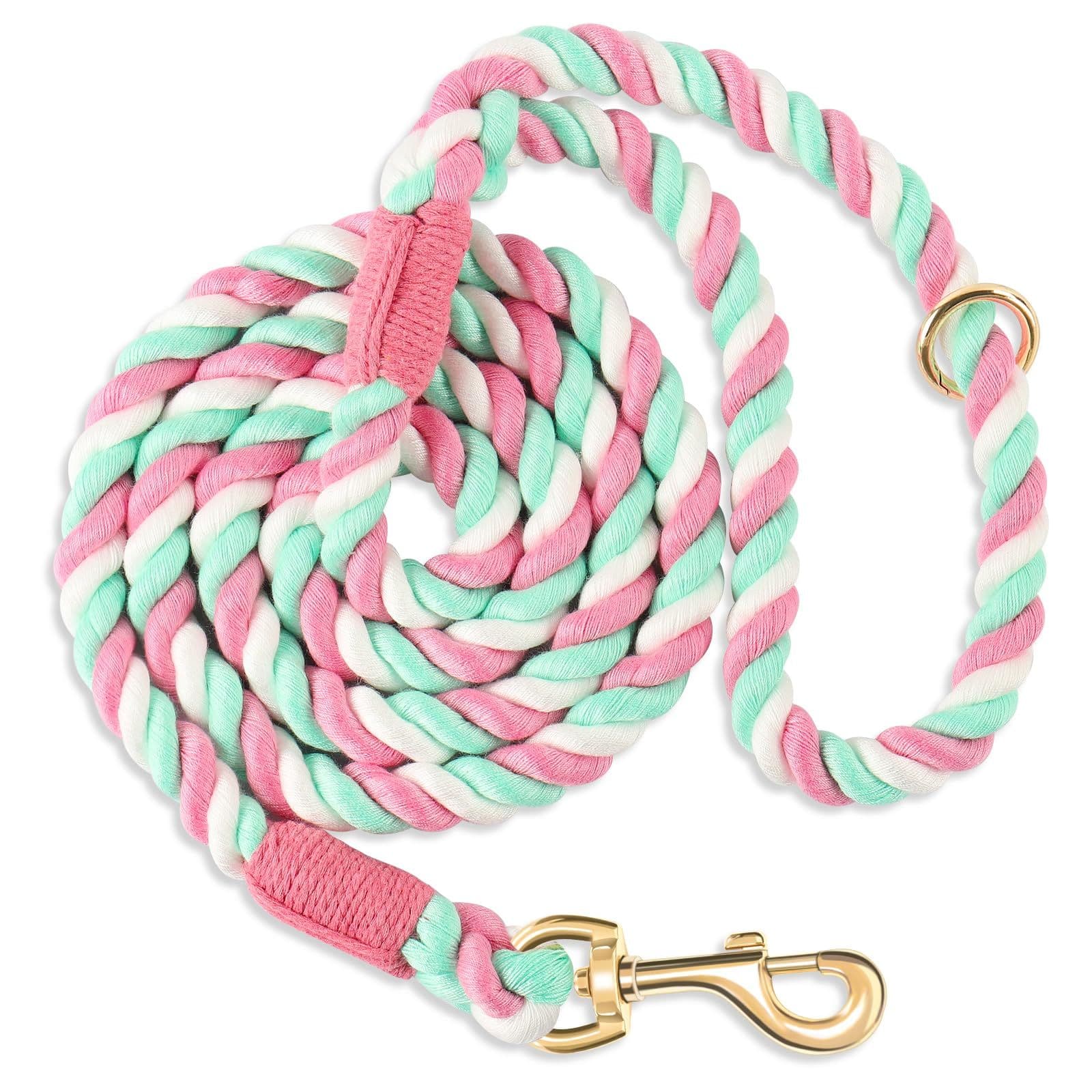 Dog rope 150cm hand woven cotton rope, suitable for small and large dogs, new gold heavy-duty metal buckle (cherry blossom powder 150cm * 1.2cm), photo 1 of 5