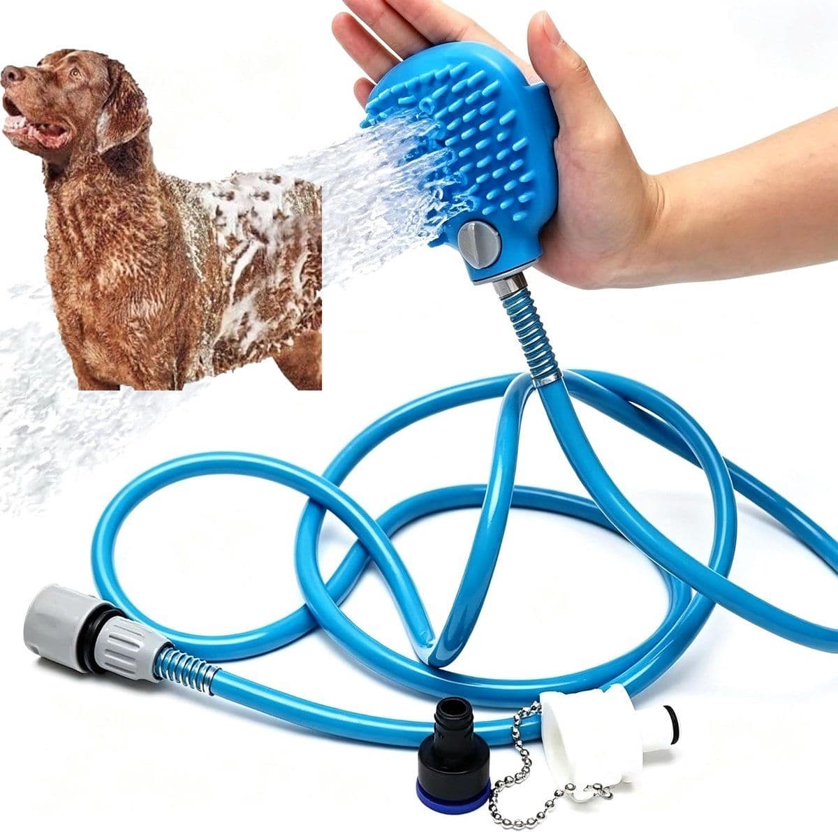 Pet Shower Head with Bath Brush 2 in 1 Dog and Cat Washing Sprayer with Hose for Indoor and Outdoor Use, Blue, photo 1 of 6