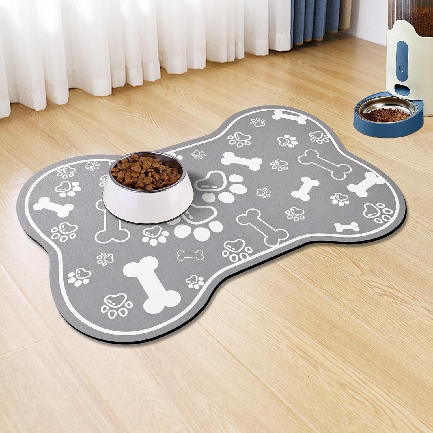 Dog Cat Food Mat,Rapid AbsorbentPet Feeding Mat, Bone Shaped Dog Placemat Water Bowl Mat with Rubber Backing,No Stains Dog Cat Food Mats Indoor, Pet Accessories Supplies 30x46 cm Grey, photo 1 of 7
