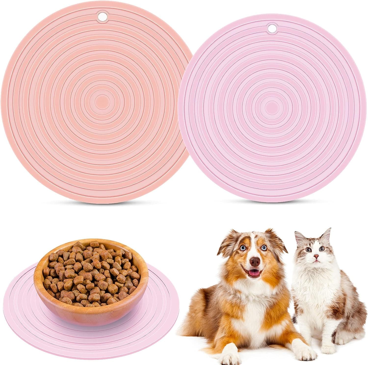 2 Pieces Silicone Pet Food Mat Pet Feeding Mat for Dog and Cat Food Bowl Placemat Preventing Food and Water Overflow Suitable for Medium and Small Pet, 24 x 24 cm and 18 x 18 cm (Pink), photo 1 of 7
