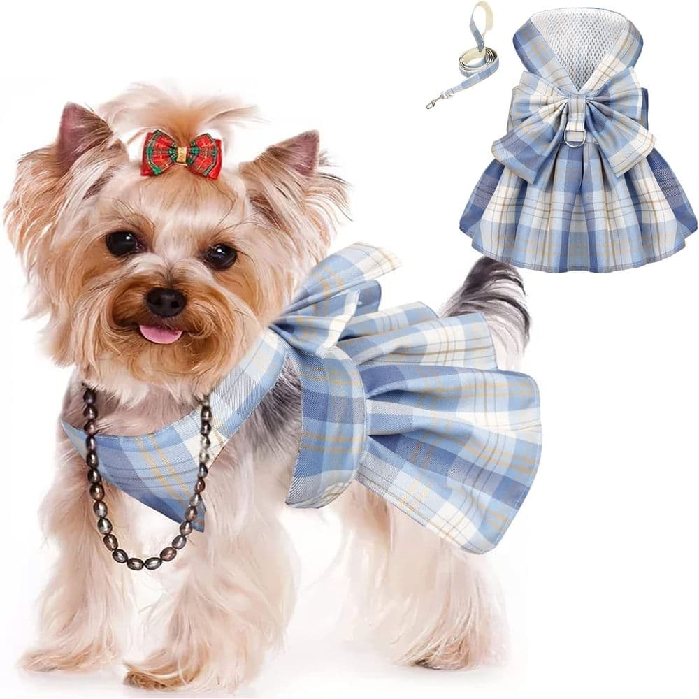 Plaid Dog Dress Harness with Leash Set, Puppy Dresses for Small Medium Dogs Female, Adjustable Doggie Summer Dresses, Yorkie Chihuahua Clothes Girl, Pet Apparel Cats, photo 1 of 5