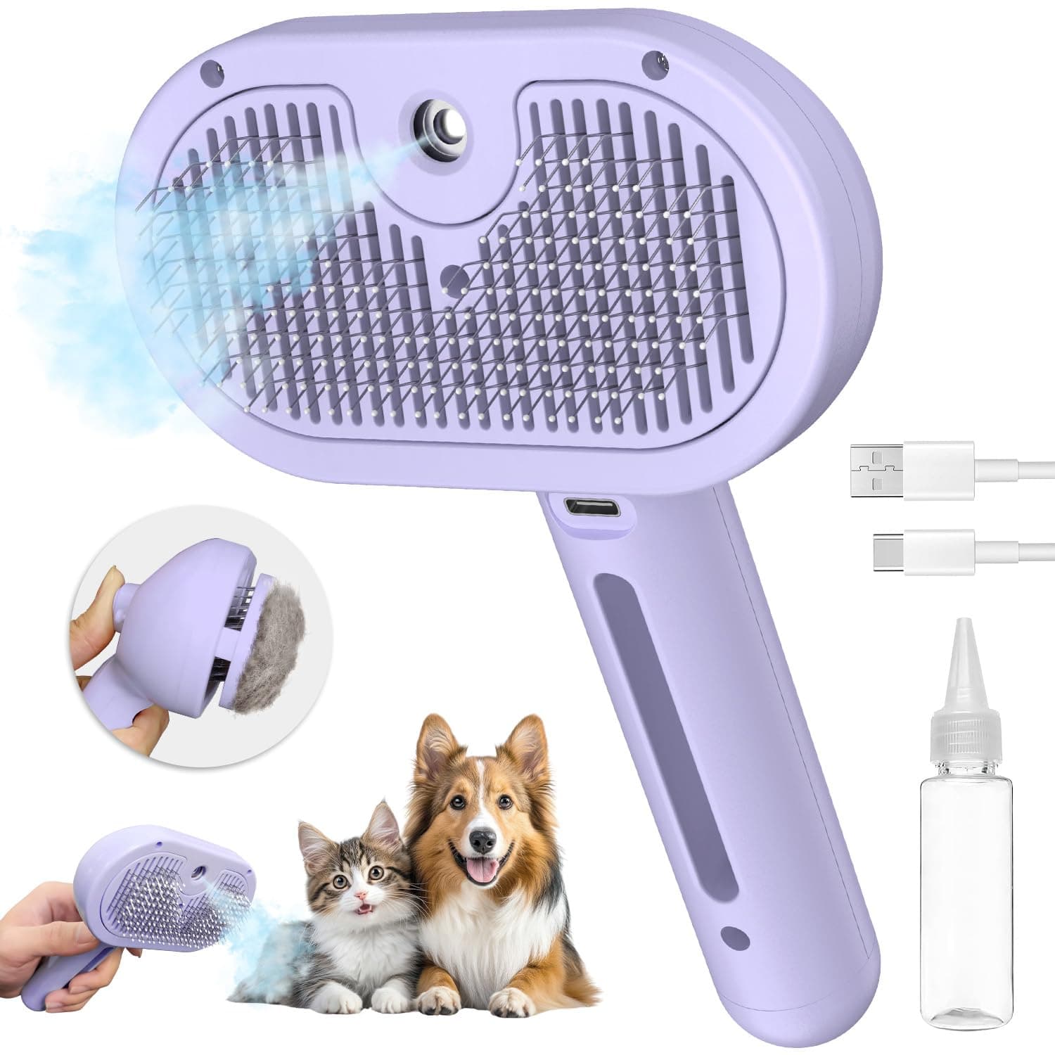 Self-Cleaning Brush - Antistatic - Pet - 3-in-1 - Purple - 1st, photo 1 of 5