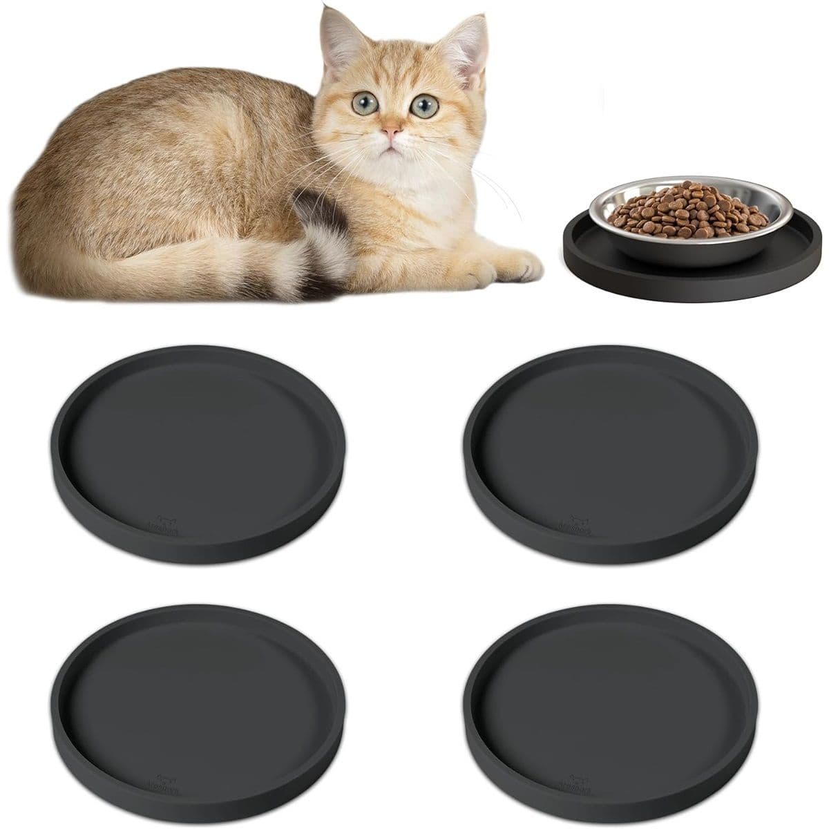 Cat Food Mat, Set of 4 Nonslip Waterproof Feeding Bowl Silicone Mats with Raised Edges for Food Water Prevent Spills, Round Eating Plates Tray for Dog Cat Puppy Kitten, 18 x 18 cm, photo 1 of 5
