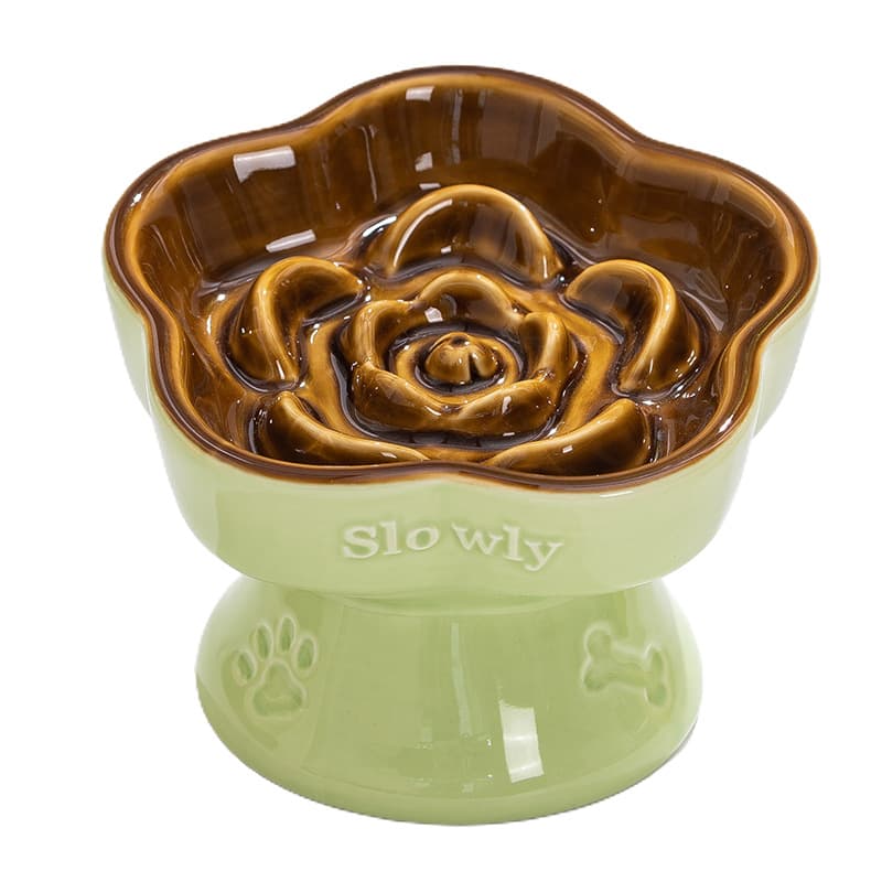 Ceramic Slow Feeder Pet Bowl for Cats and Small Dogs - Anti-Choke Elevated Design with 15-Degree Tilted Rim