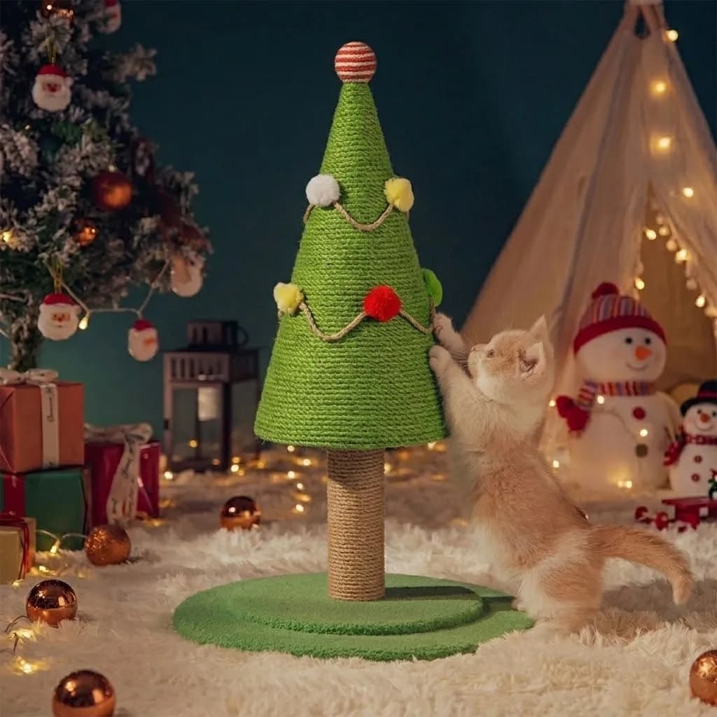 Christmas Tree Cat Scratching Post with Natural Sisal Rope, Durable Large Cat Scratcher with Plush Faux-Grass Base, Pom-Pom Decor, Festive Indoor Play Center for Kittens and Adult Cats to Sharpen Claws, Stretch, and Protect Furniture (52*30 cm), photo 1 of 9