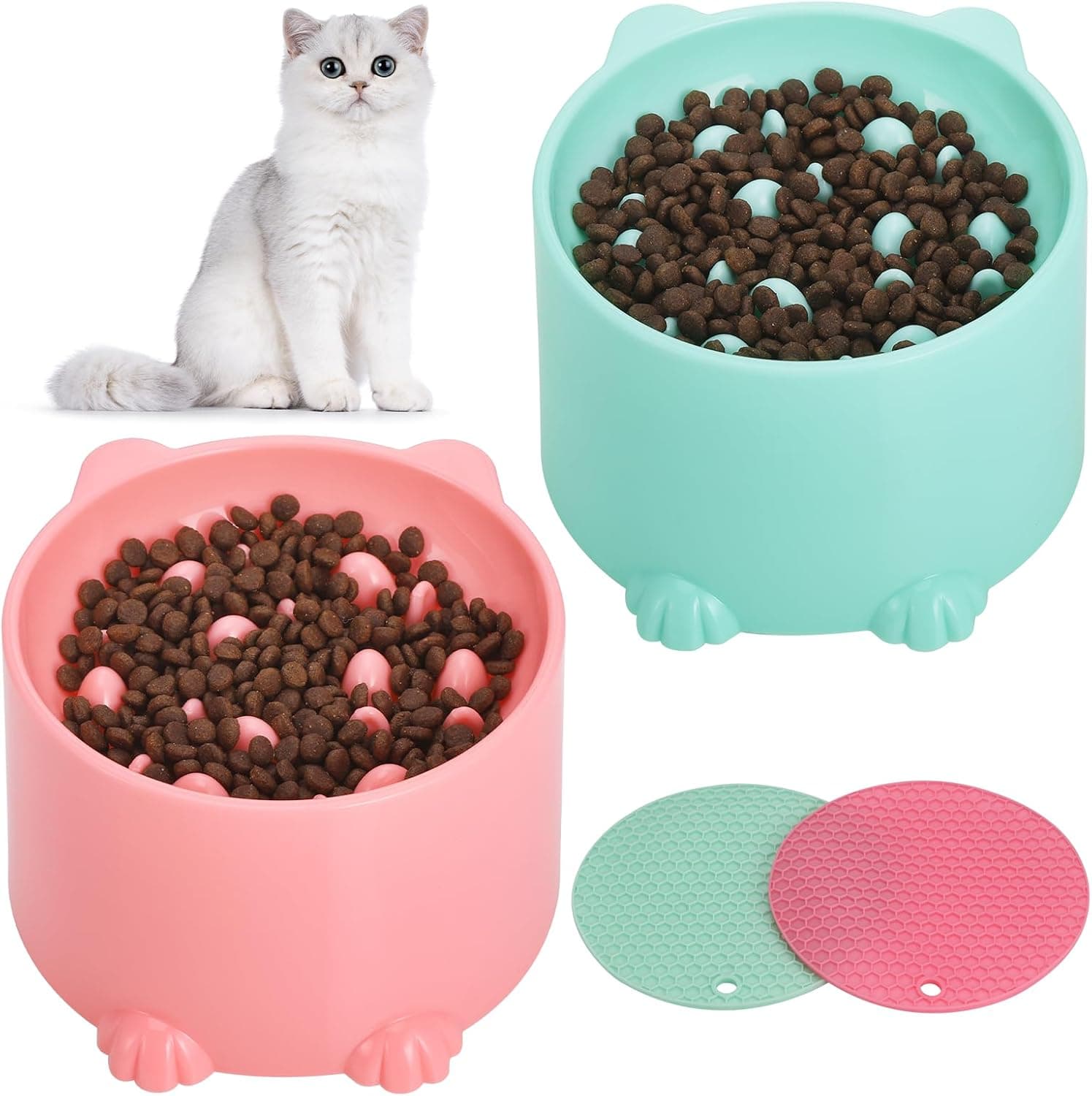 2-Pack Slow Feeder Cat Bowls, Raised Elevated Design with Anti-Slip Base & Ergonomic Neck Relief - Durable Plastic Pet Food Dishes (Pink & Green), photo 1 of 7
