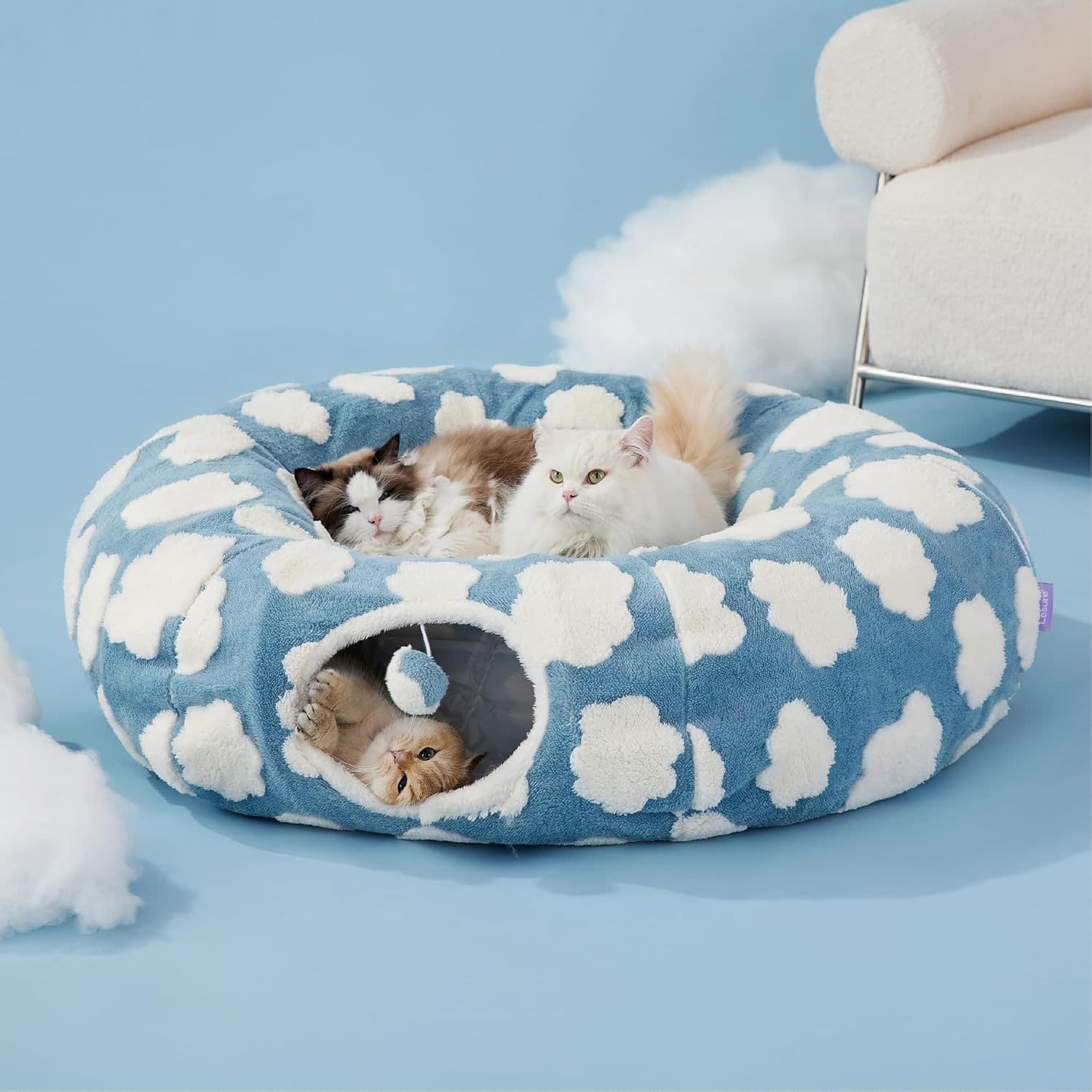 2-in-1 Cat Tunnel Bed Daisy 80cm - Plush Donut Pet Cave & Play Tube - Detachable Washable Cushion & Interactive Hanging Toy for Indoor Cats