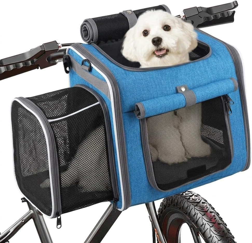 Dog Bike Basket Pet Carrier Backpack 3-in-1, Foldable Expandable Cat Carrier for Bicycle Handlebar, Soft-Sided Breathable Mesh Travel Bag for Small Dogs Cats Up to 8.2 kg